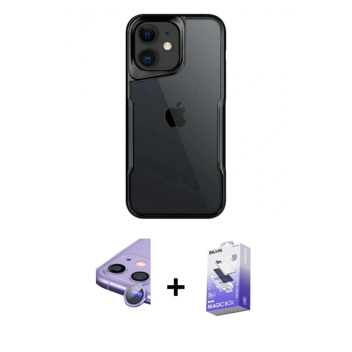 MARSİLYAN™- iPhone 11 Kılıf Akış Çizgi Koleksiyonu - Siyah Bilvis 5in1 5D Magic Hayalet Cam Ekran Koruyucu + Raze Metal Kamera Lens - MR