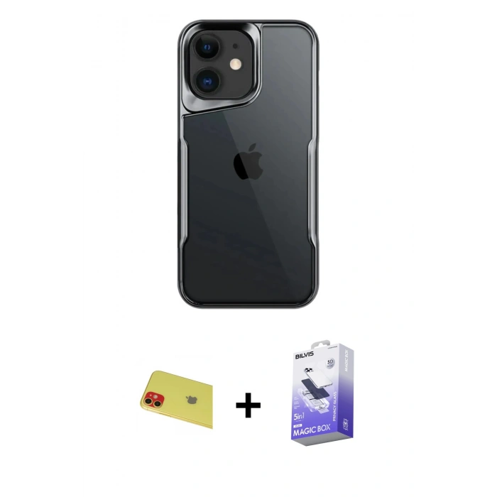 MARSİLYAN™- iPhone 11 Kılıf Akış Çizgi Koleksiyonu - Siyah Bilvis 5in1 5D Magic Hayalet Cam Ekran Koruyucu + Kırmızı Rainbow Kamera Lens Koruma Cam