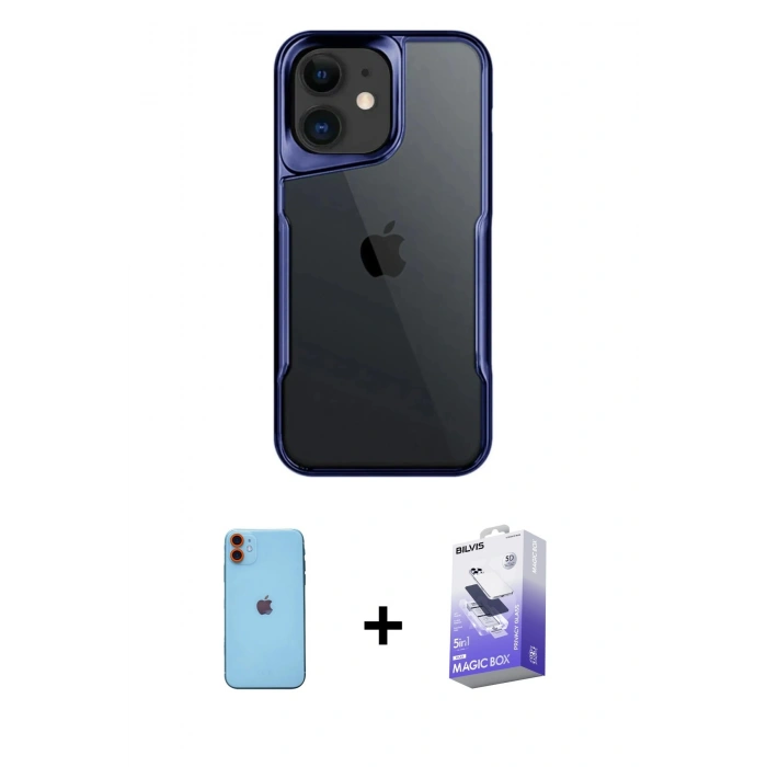 MARSİLYAN™- iPhone 11 Kılıf Akış Çizgi Koleksiyonu - Siyah Bilvis 5in1 5D Magic Hayalet Cam Ekran Koruyucu + Neon Fosforlu Kamera Lens - TU