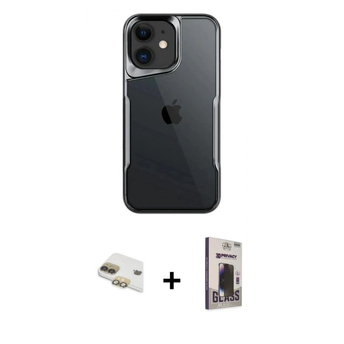 MARSİLYAN™- iPhone 11 Kılıf Akış Çizgi Koleksiyonu - Siyah Bilvis Hayalet Cam Ekran Koruyucu + Pers Alüminyum Kamera Lens - GD