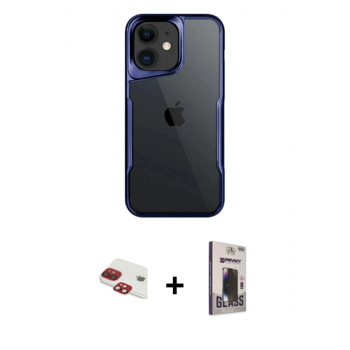 MARSİLYAN™- iPhone 11 Kılıf Akış Çizgi Koleksiyonu - Siyah Bilvis Hayalet Cam Ekran Koruyucu + Kırmızı Pers Alüminyum Kamera Lens