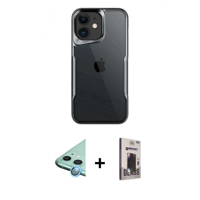 MARSİLYAN™- iPhone 11 Kılıf Akış Çizgi Koleksiyonu - Siyah Bilvis Hayalet Cam Ekran Koruyucu + Raze Metal Kamera Lens - MI