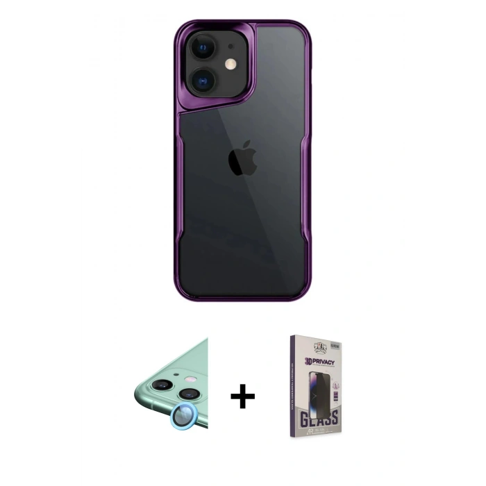 MARSİLYAN™- iPhone 11 Kılıf Akış Çizgi Koleksiyonu - Siyah Bilvis Hayalet Cam Ekran Koruyucu + Raze Metal Kamera Lens - MI