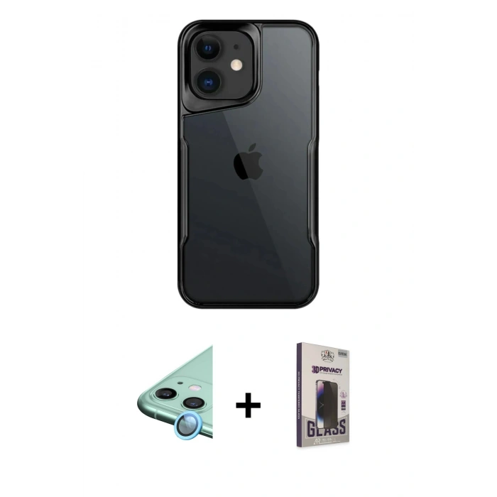 MARSİLYAN™- iPhone 11 Kılıf Akış Çizgi Koleksiyonu - Siyah Bilvis Hayalet Cam Ekran Koruyucu + Raze Metal Kamera Lens - MI