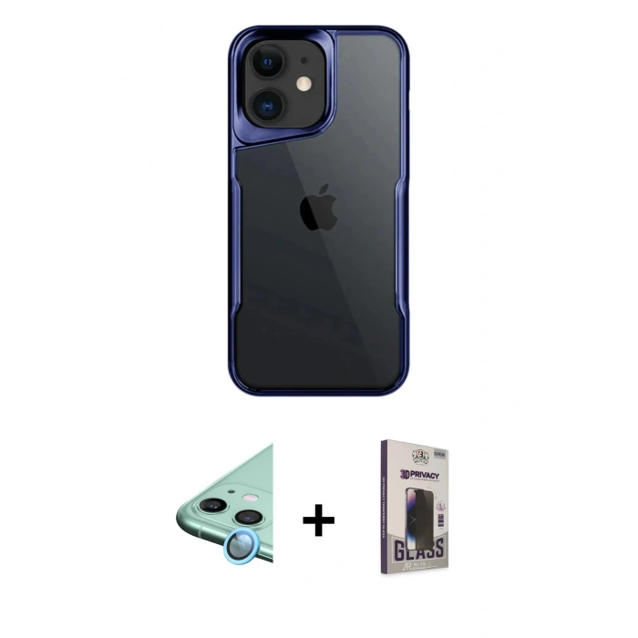 MARSİLYAN™- iPhone 11 Kılıf Akış Çizgi Koleksiyonu - Siyah Bilvis Hayalet Cam Ekran Koruyucu + Raze Metal Kamera Lens - MI