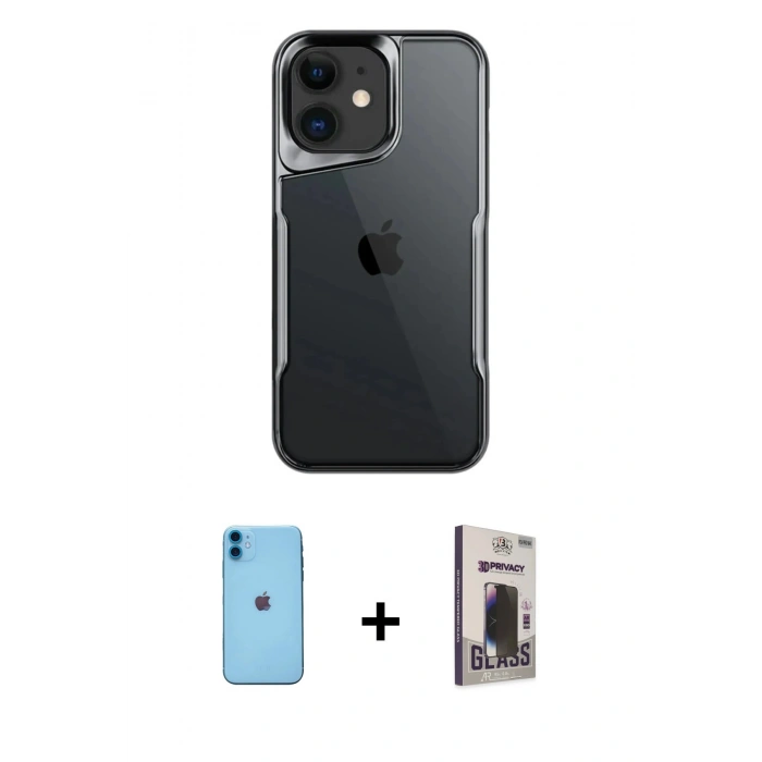 MARSİLYAN™- iPhone 11 Kılıf Akış Çizgi Koleksiyonu - Siyah Bilvis Hayalet Cam Ekran Koruyucu + Neon Fosforlu Kamera Lens - MI