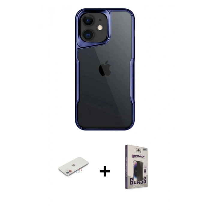MARSİLYAN™- iPhone 11 Kılıf Akış Çizgi Koleksiyonu - Siyah Bilvis Hayalet Cam Ekran Koruyucu + Renkli Kamera Lens Koruma Cam - PE