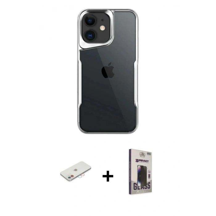 MARSİLYAN™- iPhone 11 Kılıf Akış Çizgi Koleksiyonu - Siyah Bilvis Hayalet Cam Ekran Koruyucu + Renkli Kamera Lens Koruma Cam - PE
