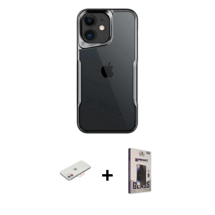 MARSİLYAN™- iPhone 11 Kılıf Akış Çizgi Koleksiyonu - Siyah Bilvis Hayalet Cam Ekran Koruyucu + Renkli Kamera Lens Koruma Cam - PE