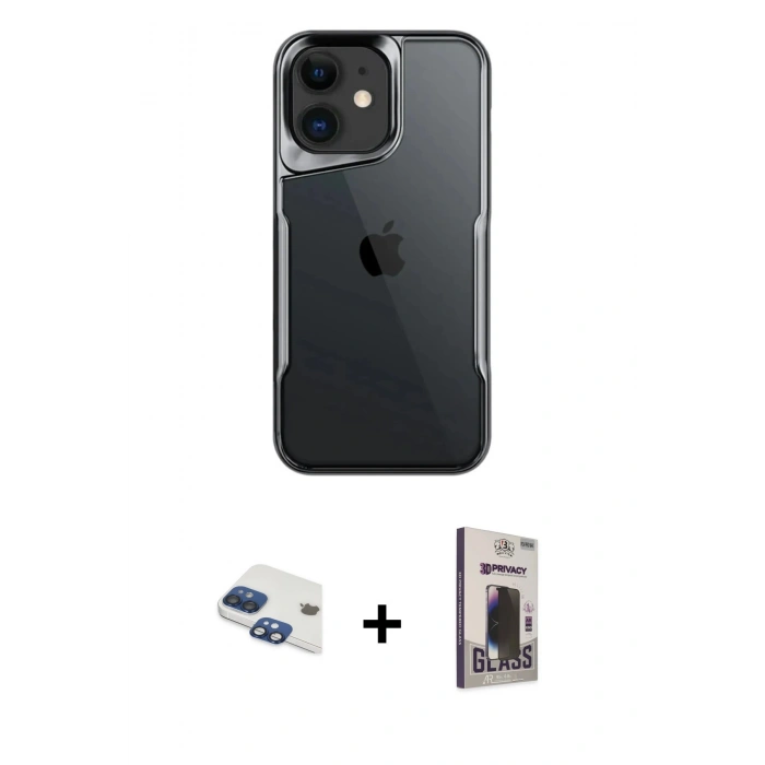 MARSİLYAN™- iPhone 11 Kılıf Akış Çizgi Koleksiyonu - Siyah Bilvis Hayalet Cam Ekran Koruyucu + Pers Alüminyum Kamera Lens - LT
