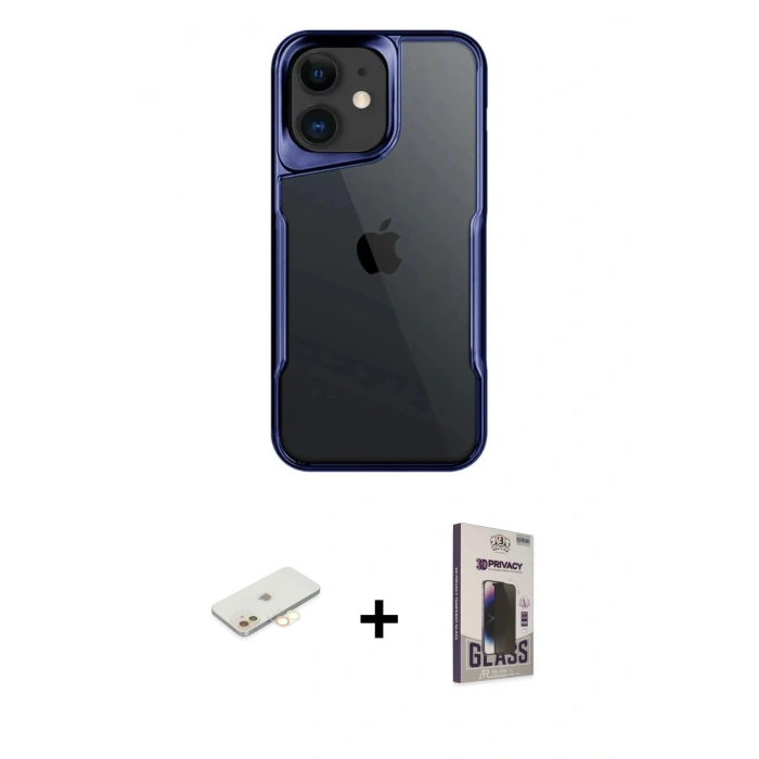 MARSİLYAN™- iPhone 11 Kılıf Akış Çizgi Koleksiyonu - Siyah Bilvis Hayalet Cam Ekran Koruyucu + Renkli Kamera Lens Koruma Cam - SI