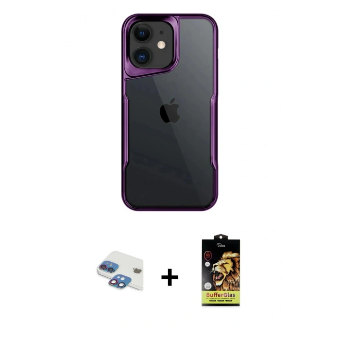 MARSİLYAN™- iPhone 11 Kılıf Akış Çizgi Koleksiyonu - Siyah Buffer Cam Ekran Koruyucu + Pers Alüminyum Kamera Lens - GI