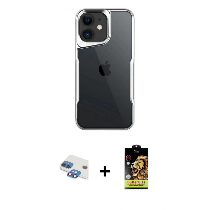 MARSİLYAN™- iPhone 11 Kılıf Akış Çizgi Koleksiyonu - Siyah Buffer Cam Ekran Koruyucu + Pers Alüminyum Kamera Lens - GI