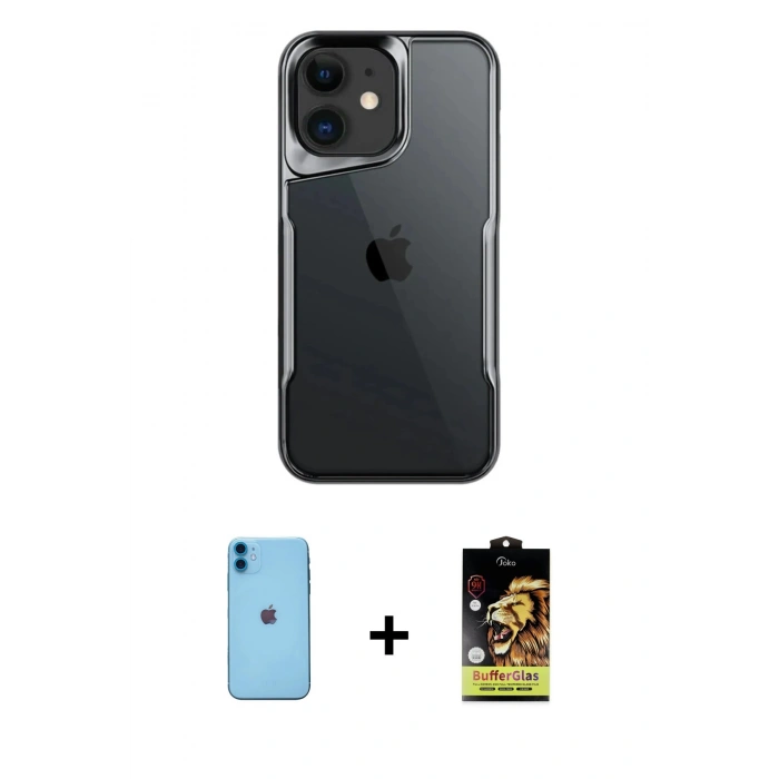 MARSİLYAN™- iPhone 11 Kılıf Akış Çizgi Koleksiyonu - Siyah Buffer Cam Ekran Koruyucu + Neon Fosforlu Kamera Lens - MI