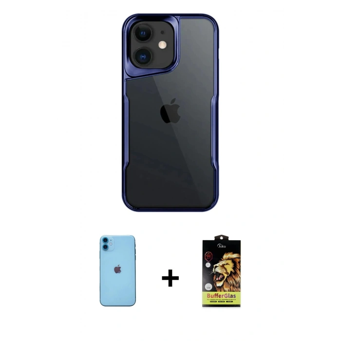 MARSİLYAN™- iPhone 11 Kılıf Akış Çizgi Koleksiyonu - Siyah Buffer Cam Ekran Koruyucu + Neon Fosforlu Kamera Lens - MI