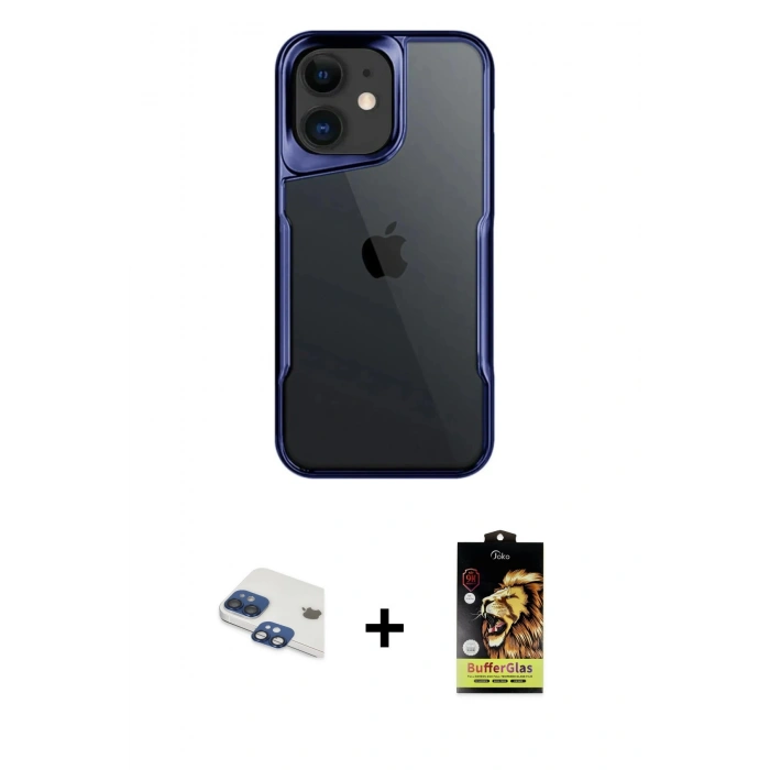 MARSİLYAN™- iPhone 11 Kılıf Akış Çizgi Koleksiyonu - Siyah Buffer Cam Ekran Koruyucu + Pers Alüminyum Kamera Lens - LT
