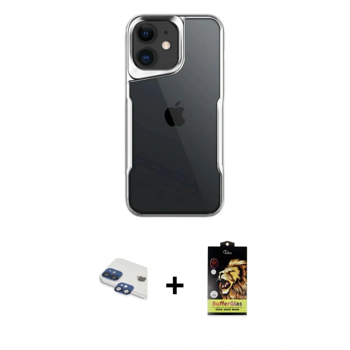 MARSİLYAN™- iPhone 11 Kılıf Akış Çizgi Koleksiyonu - Siyah Buffer Cam Ekran Koruyucu + Pers Alüminyum Kamera Lens - LT