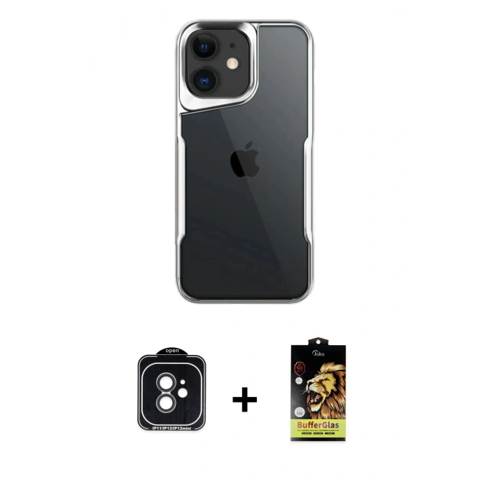MARSİLYAN™- iPhone 11 Kılıf Akış Çizgi Koleksiyonu - Siyah Buffer Cam Ekran Koruyucu + PVD Metal Kamera Lens - SH