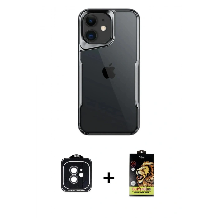 MARSİLYAN™- iPhone 11 Kılıf Akış Çizgi Koleksiyonu - Siyah Buffer Cam Ekran Koruyucu + PVD Metal Kamera Lens - SH