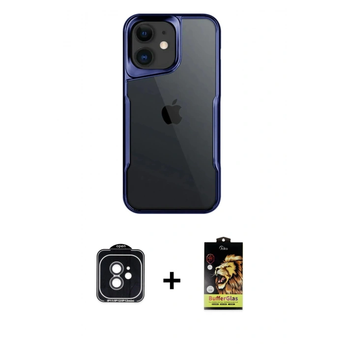 MARSİLYAN™- iPhone 11 Kılıf Akış Çizgi Koleksiyonu - Siyah Buffer Cam Ekran Koruyucu + PVD Metal Kamera Lens - SH