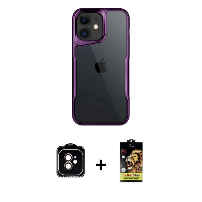 MARSİLYAN™- iPhone 11 Kılıf Akış Çizgi Koleksiyonu - Siyah Buffer Cam Ekran Koruyucu + PVD Metal Kamera Lens - TU