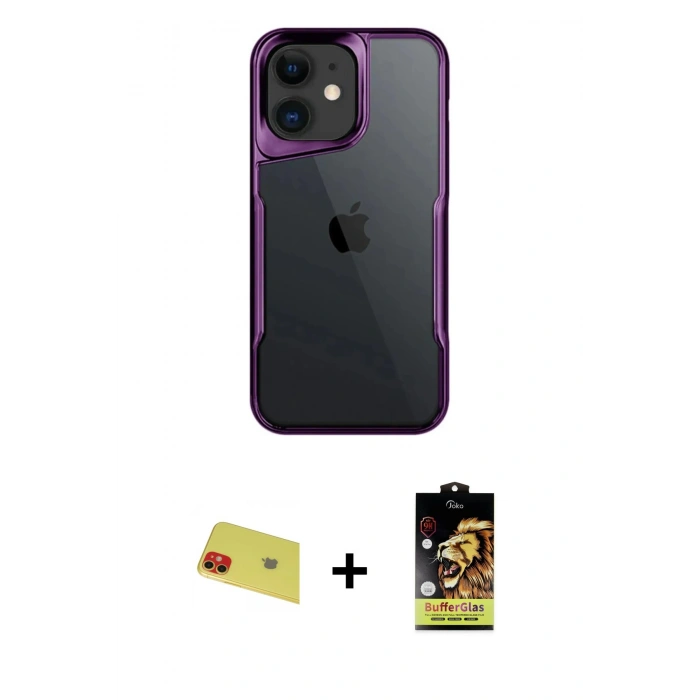 MARSİLYAN™- iPhone 11 Kılıf Akış Çizgi Koleksiyonu - Siyah Buffer Cam Ekran Koruyucu + Rainbow Kamera Lens Koruma Cam - KI