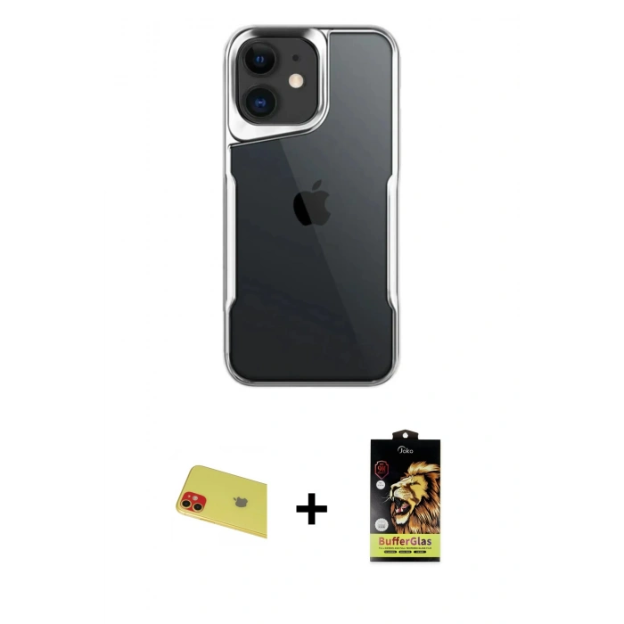 MARSİLYAN™- iPhone 11 Kılıf Akış Çizgi Koleksiyonu - Siyah Buffer Cam Ekran Koruyucu + Rainbow Kamera Lens Koruma Cam - KI