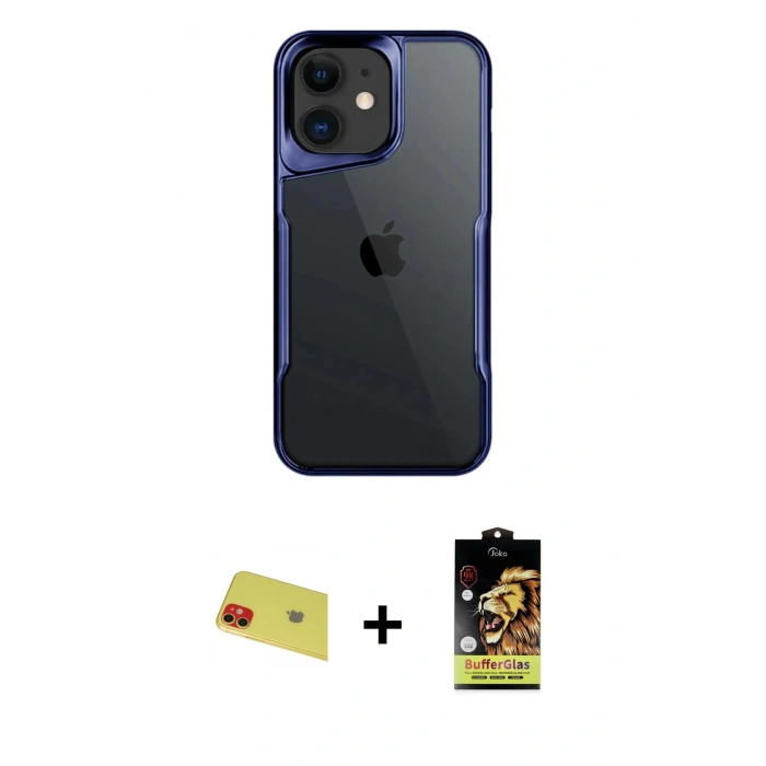MARSİLYAN™- iPhone 11 Kılıf Akış Çizgi Koleksiyonu - Siyah Buffer Cam Ekran Koruyucu + Rainbow Kamera Lens Koruma Cam - KI