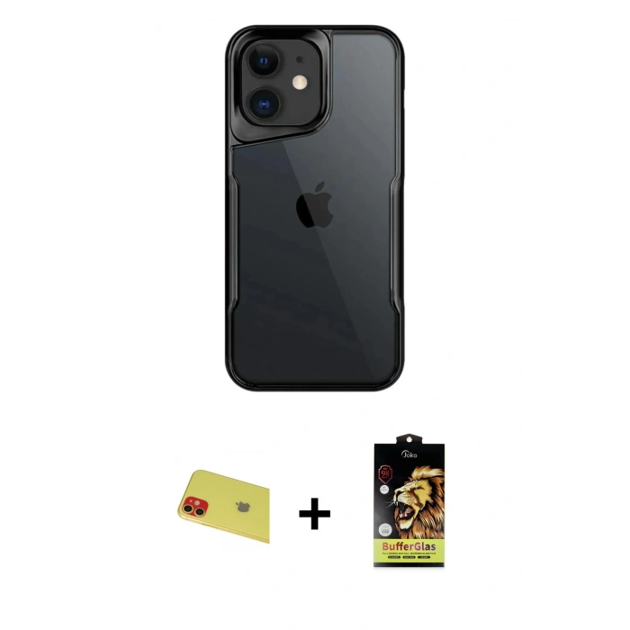 MARSİLYAN™- iPhone 11 Kılıf Akış Çizgi Koleksiyonu - Siyah Buffer Cam Ekran Koruyucu + Rainbow Kamera Lens Koruma Cam - KI