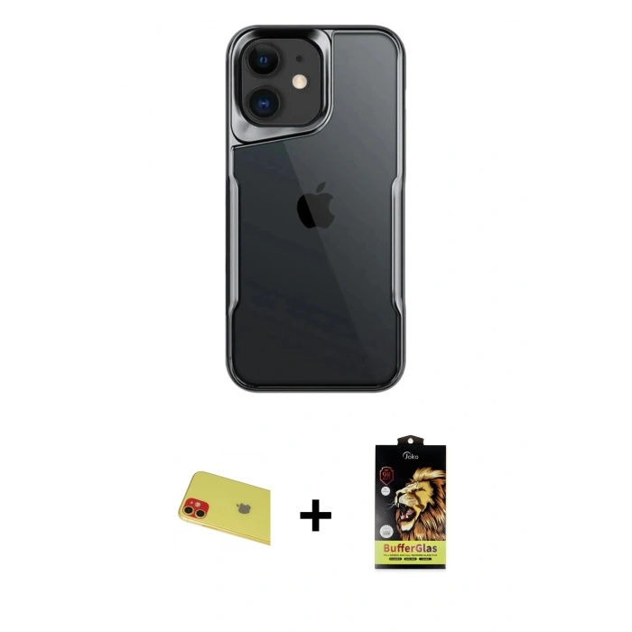 MARSİLYAN™- iPhone 11 Kılıf Akış Çizgi Koleksiyonu - Siyah Buffer Cam Ekran Koruyucu + Rainbow Kamera Lens Koruma Cam - KI