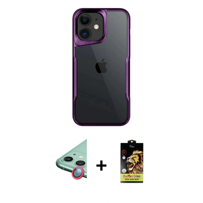 MARSİLYAN™- iPhone 11 Kılıf Akış Çizgi Koleksiyonu - Siyah Buffer Cam Ekran Koruyucu + Raze Metal Kamera Lens - KI