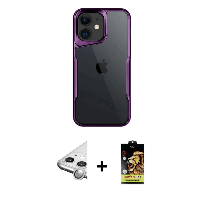 MARSİLYAN™- iPhone 11 Kılıf Akış Çizgi Koleksiyonu - Siyah Buffer Cam Ekran Koruyucu + Raze Metal Kamera Lens - GS