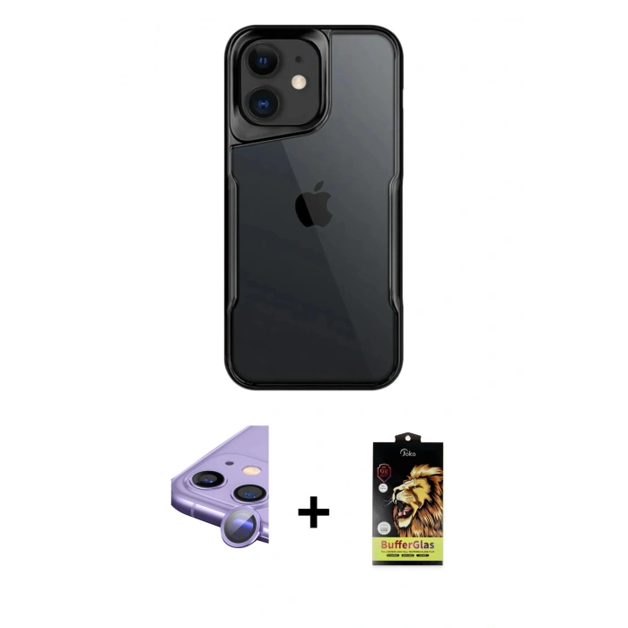 MARSİLYAN™- iPhone 11 Kılıf Akış Çizgi Koleksiyonu - Siyah Buffer Cam Ekran Koruyucu + Raze Metal Kamera Lens - MR