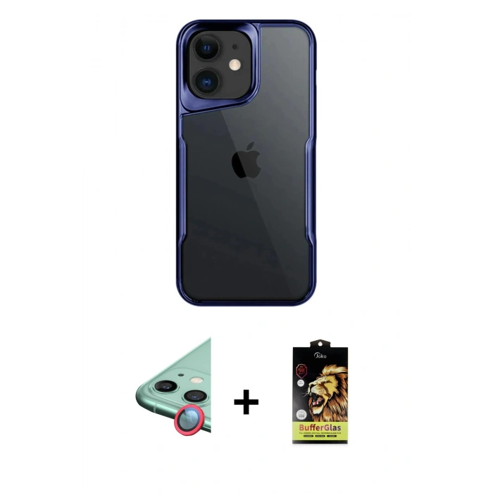 MARSİLYAN™- iPhone 11 Kılıf Akış Çizgi Koleksiyonu - Siyah Buffer Cam Ekran Koruyucu + Raze Metal Kamera Lens - KI