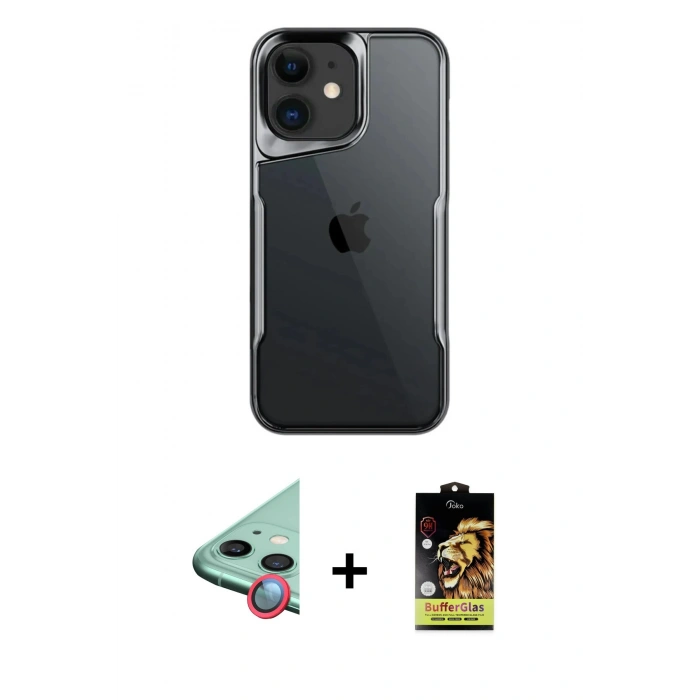 MARSİLYAN™- iPhone 11 Kılıf Akış Çizgi Koleksiyonu - Siyah Buffer Cam Ekran Koruyucu + Raze Metal Kamera Lens - KI