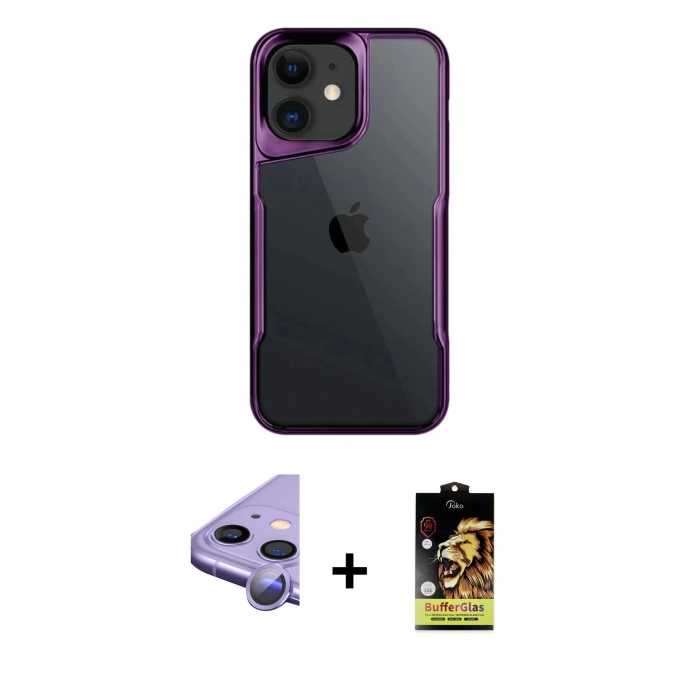 MARSİLYAN™- iPhone 11 Kılıf Akış Çizgi Koleksiyonu - Siyah Buffer Cam Ekran Koruyucu + Raze Metal Kamera Lens - MR
