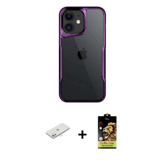 MARSİLYAN™- iPhone 11 Kılıf Akış Çizgi Koleksiyonu - Siyah Buffer Cam Ekran Koruyucu + Renkli Kamera Lens Koruma Cam - SI