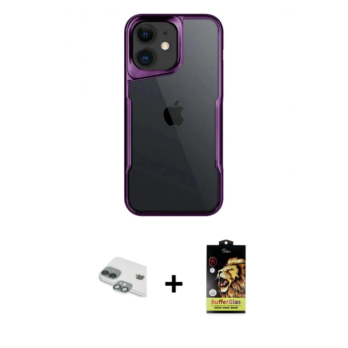 MARSİLYAN™- iPhone 11 Kılıf Akış Çizgi Koleksiyonu - Siyah Buffer Cam Ekran Koruyucu + Pers Alüminyum Kamera Lens - YL