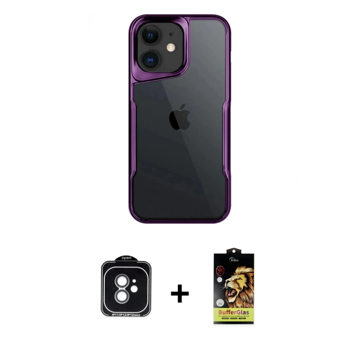 MARSİLYAN™- iPhone 11 Kılıf Akış Çizgi Koleksiyonu - Siyah Buffer Cam Ekran Koruyucu + Yeşil PVD Metal Kamera Lens