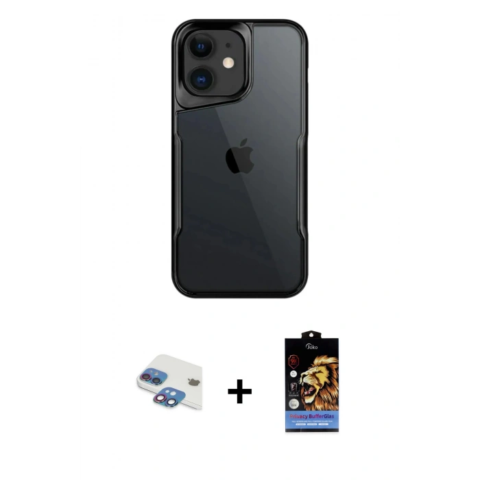 MARSİLYAN™- iPhone 11 Kılıf Akış Çizgi Koleksiyonu - Siyah Buffer Hayalet Cam Ekran Koruyucu + Pers Alüminyum Kamera Lens - GI