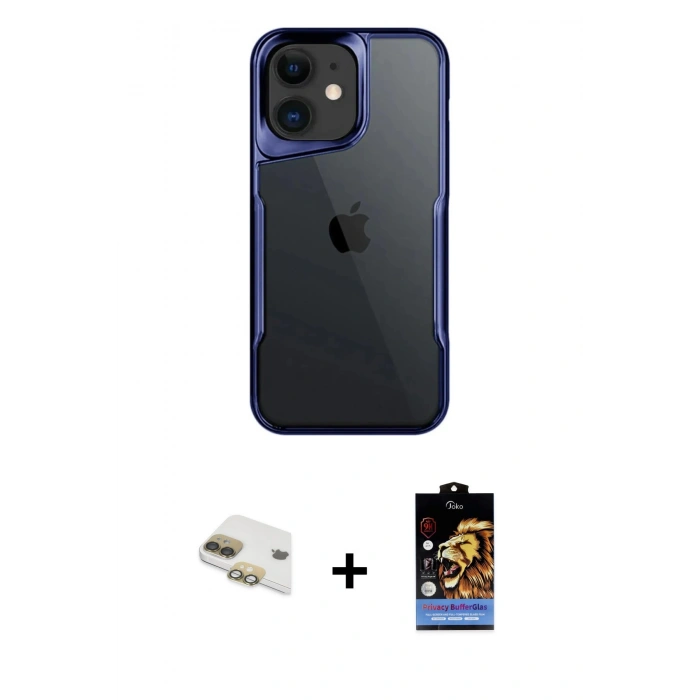 MARSİLYAN™- iPhone 11 Kılıf Akış Çizgi Koleksiyonu - Siyah Buffer Hayalet Cam Ekran Koruyucu + Gold Pers Alüminyum Kamera Lens