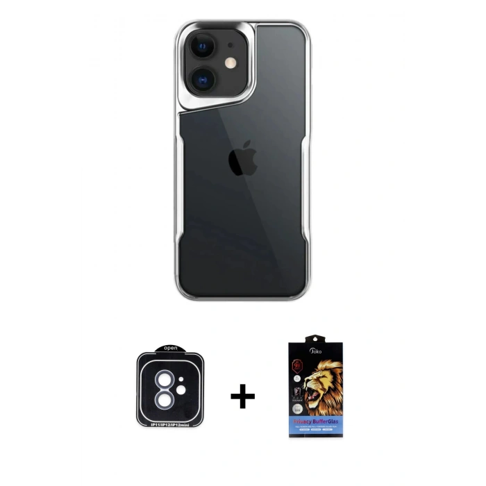 MARSİLYAN™- iPhone 11 Kılıf Akış Çizgi Koleksiyonu - Siyah Buffer Hayalet Cam Ekran Koruyucu + PVD Metal Kamera Lens - MI