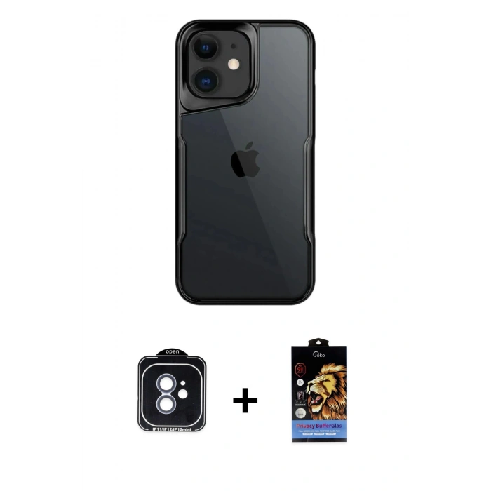 MARSİLYAN™- iPhone 11 Kılıf Akış Çizgi Koleksiyonu - Siyah Buffer Hayalet Cam Ekran Koruyucu + PVD Metal Kamera Lens - MI