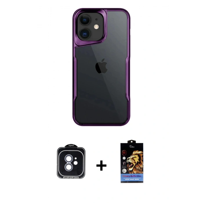 MARSİLYAN™- iPhone 11 Kılıf Akış Çizgi Koleksiyonu - Siyah Buffer Hayalet Cam Ekran Koruyucu + PVD Metal Kamera Lens - MI