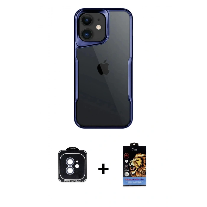 MARSİLYAN™- iPhone 11 Kılıf Akış Çizgi Koleksiyonu - Siyah Buffer Hayalet Cam Ekran Koruyucu + PVD Metal Kamera Lens - MI