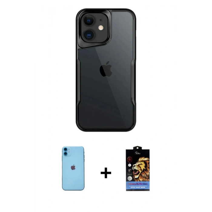 MARSİLYAN™- iPhone 11 Kılıf Akış Çizgi Koleksiyonu - Siyah Buffer Hayalet Cam Ekran Koruyucu + Neon Fosforlu Kamera Lens - MI