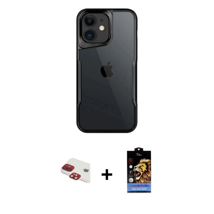 MARSİLYAN™- iPhone 11 Kılıf Akış Çizgi Koleksiyonu - Siyah Buffer Hayalet Cam Ekran Koruyucu + Pers Alüminyum Kamera Lens - KI