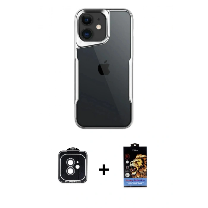 MARSİLYAN™- iPhone 11 Kılıf Akış Çizgi Koleksiyonu - Siyah Buffer Hayalet Cam Ekran Koruyucu + PVD Metal Kamera Lens - SH