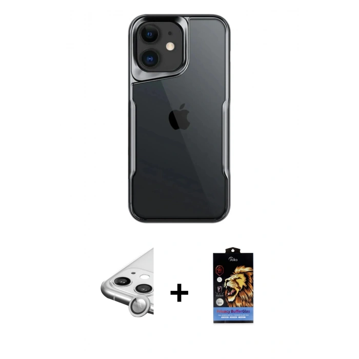 MARSİLYAN™- iPhone 11 Kılıf Akış Çizgi Koleksiyonu - Siyah Buffer Hayalet Cam Ekran Koruyucu + Raze Metal Kamera Lens - GS