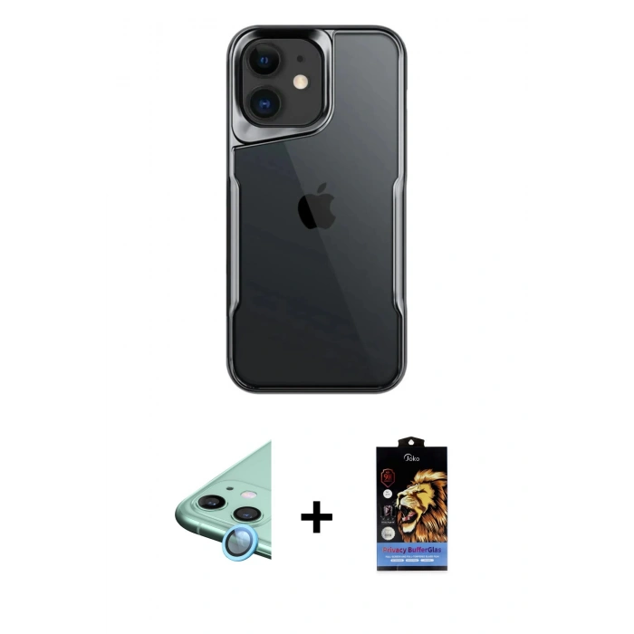 MARSİLYAN™- iPhone 11 Kılıf Akış Çizgi Koleksiyonu - Siyah Buffer Hayalet Cam Ekran Koruyucu + Raze Metal Kamera Lens - MI